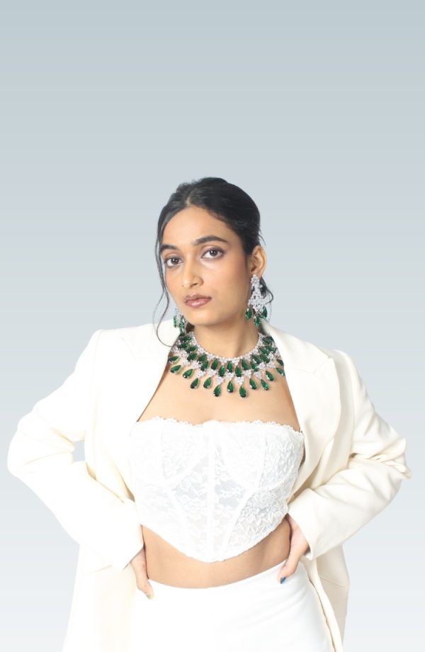 Pearl Green Stones & Diamonds Embellished Necklace & Earring Set For Women - Image 2