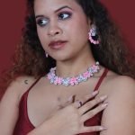 Pink And Silver Crystals Necklace Set with Earrings for Women
