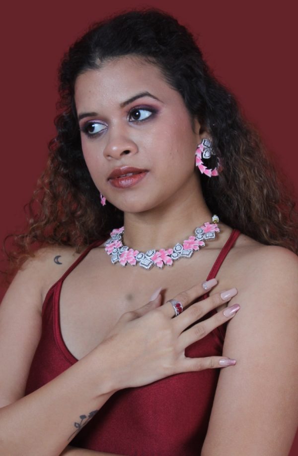 Pink And Silver Crystals Necklace Set with Earrings for Women