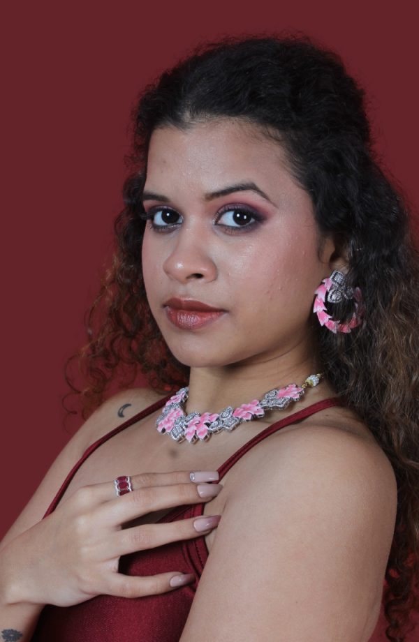 Pink And Silver Crystals Necklace Set with Earrings for Women - Image 2