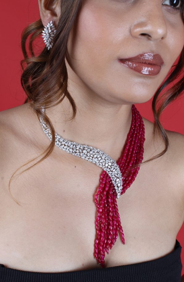 Red Pearls & Beads Long Jewelry Necklace Set with Earrings for Women - Image 2