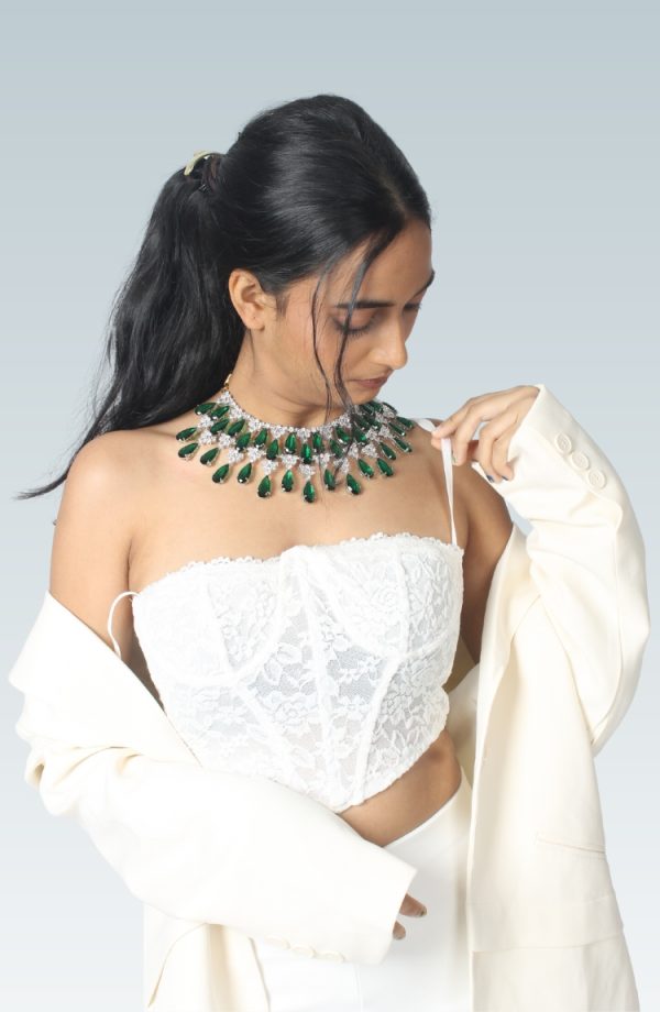 Pearl Green Stones & Diamonds Embellished Necklace & Earring Set For Women - Image 3
