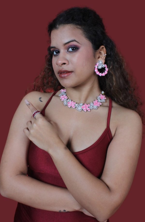 Pink And Silver Crystals Necklace Set with Earrings for Women - Image 3