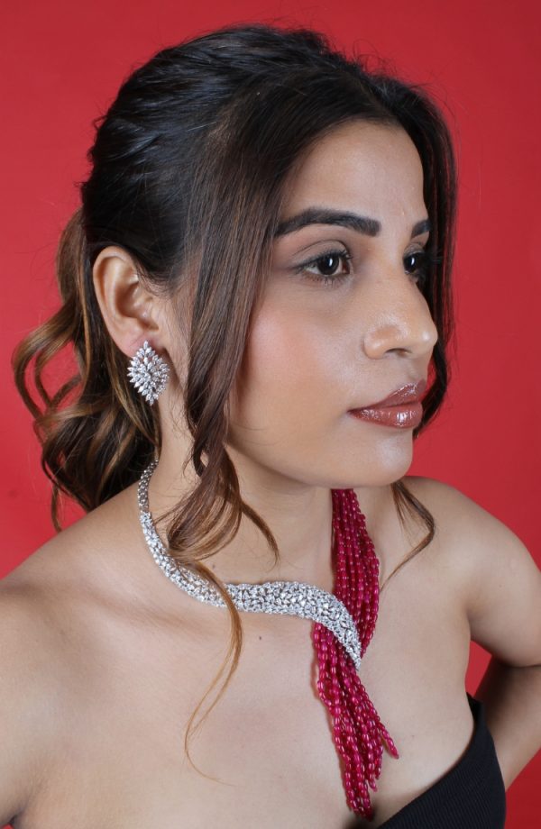 Red Pearls & Beads Long Jewelry Necklace Set with Earrings for Women - Image 3