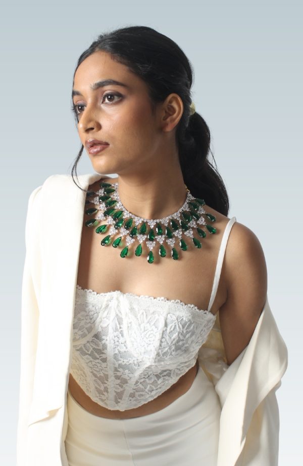 Pearl Green Stones & Diamonds Embellished Necklace & Earring Set For Women - Image 4
