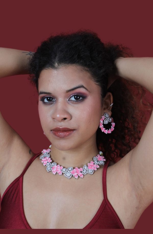 Pink And Silver Crystals Necklace Set with Earrings for Women - Image 4