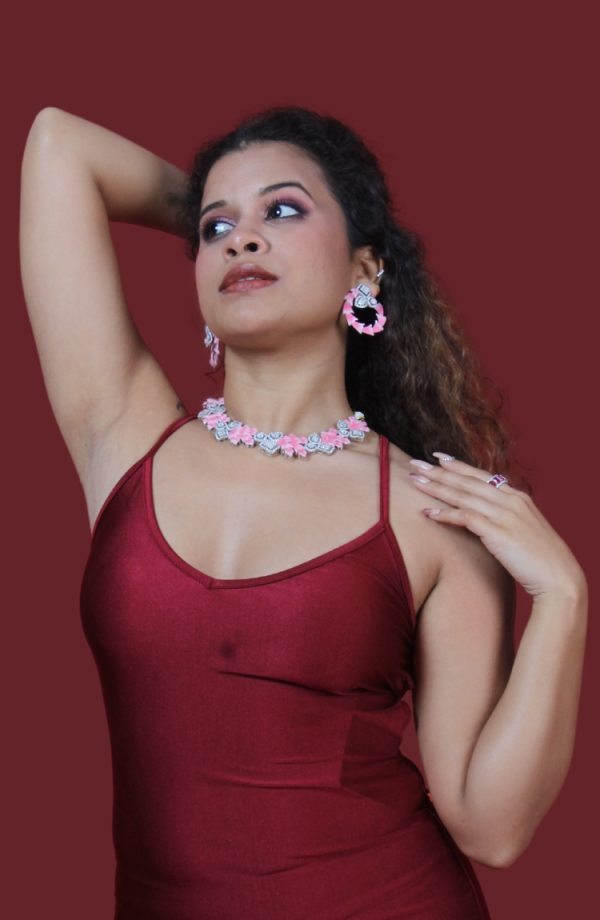 Pink And Silver Crystals Necklace Set with Earrings for Women - Image 5