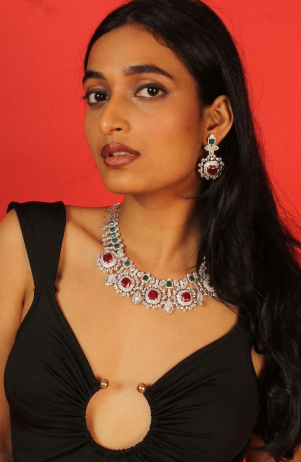 Silver-Toned White Cubic Zirconia & American Diamond studded Necklace and Drop Earrings Jewellery Set for women
