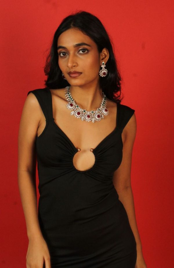 Silver-Toned White Cubic Zirconia & American Diamond studded Necklace and Drop Earrings Jewellery Set for women - Image 2