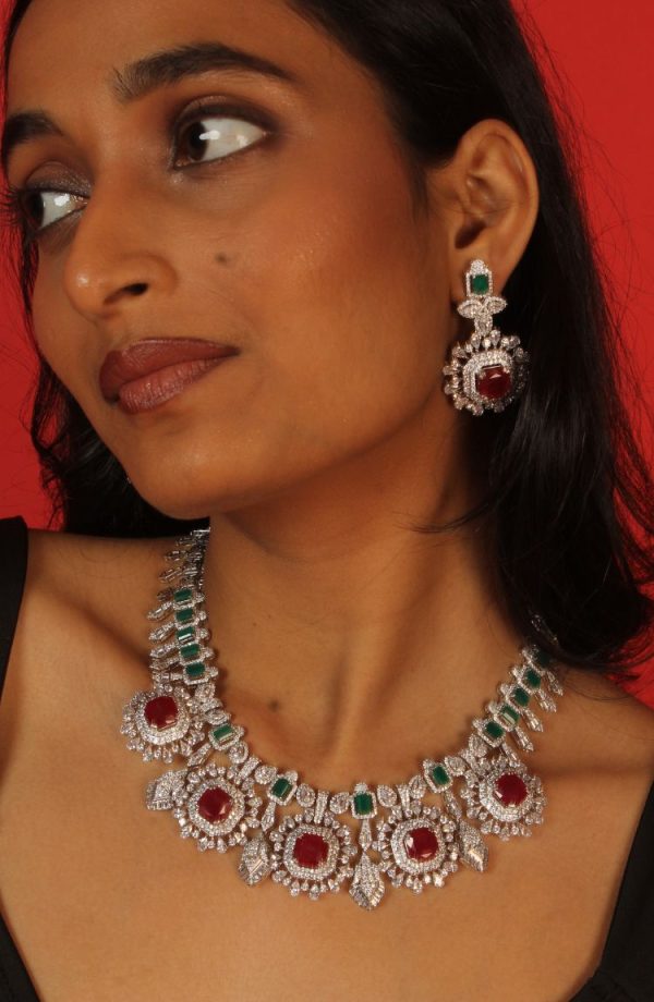 Silver-Toned White Cubic Zirconia & American Diamond studded Necklace and Drop Earrings Jewellery Set for women - Image 3
