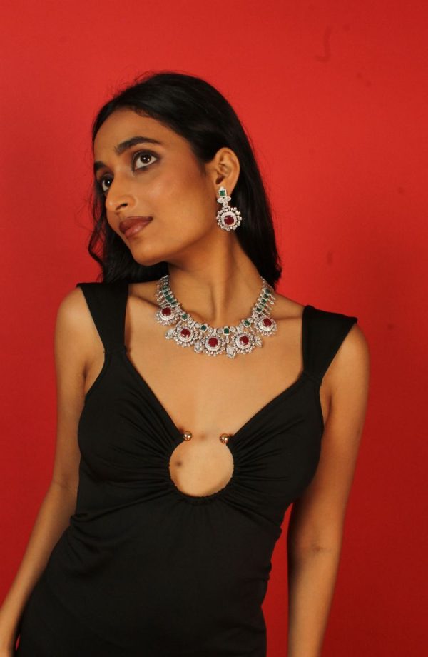 Silver-Toned White Cubic Zirconia & American Diamond studded Necklace and Drop Earrings Jewellery Set for women - Image 4
